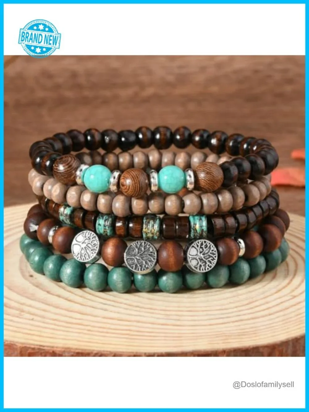 Tree of Life Beaded Bracelet Set Wood & Stone Stretch Stackable Unisex